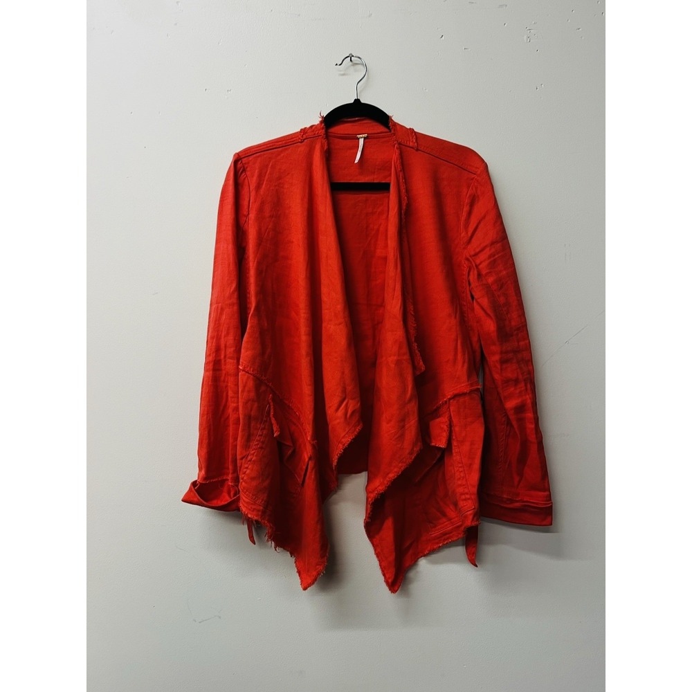 Free People Womens Raw Trim Femme Linen Blend Waterfall Jacket Sm Open Front Red